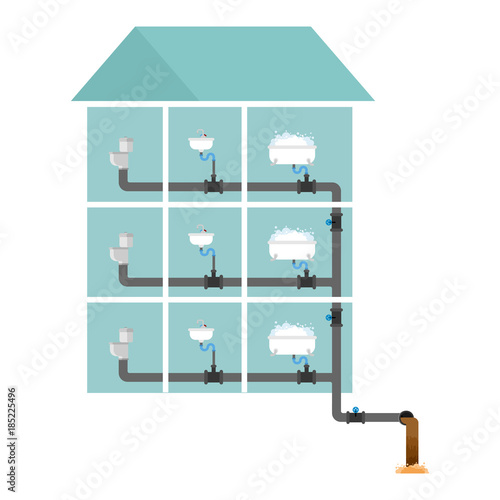 Sewer system in house. Pipes and valves. Sink and toilet bowl. Bath. Sewerage scheme