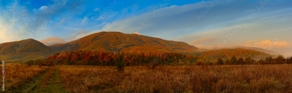 Carpathian mountains autumn landscape with blue sky, red trees and clouds, natural background. Panoramic view Carpathian mountains autumn landscape with blue sky, red trees and clouds, natural background. Panoramic view