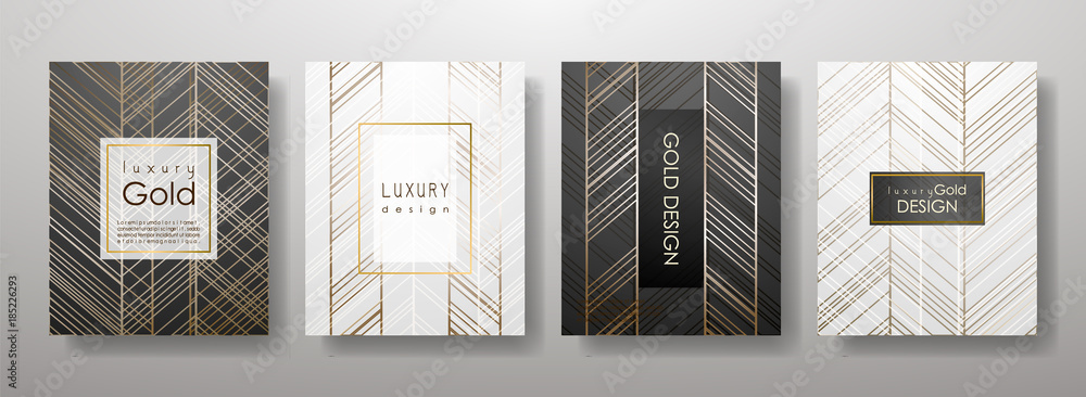 Plakat Gold lines template set, artistic covers design, colorful texture,realistic fluid backgrounds. Black, white Trendy pattern, graphic poster, geometric brochure, cards. Vector illustration
