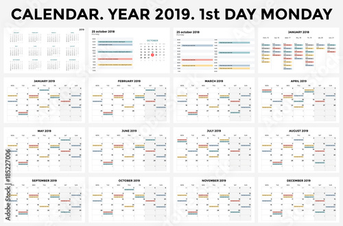 Calendar infographic, table chart, presentation chart. Business period concept. Task manager. Day, week, month. 2019 year. Time management. Organizer date diary.