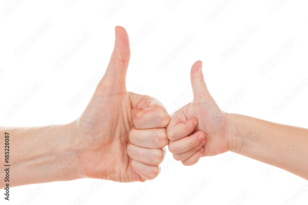 Female and child hands thumbs up isolated on white. Female and child hands thumbs up isolated on white.
