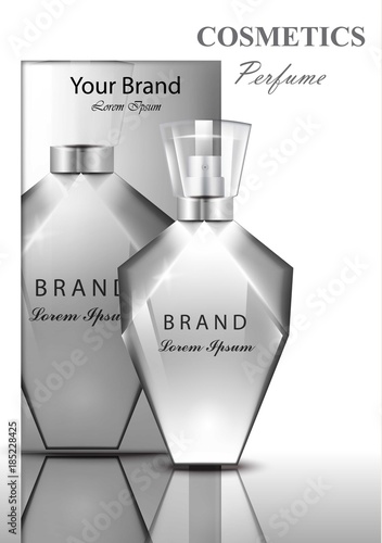 Women perfume bottle fragrance. Shiny transparent container. Realistic Vector...