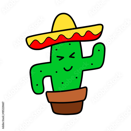 Fototapeta Naklejka Na Ścianę i Meble -  Cactus cartoon vector isolated sticker, patch, badge, pin, icon. Funny dansing cacti. Color Hat sombrero, mexico style, modern trendy cool design. Hand drown  illustration for card, textile, t-shirt.