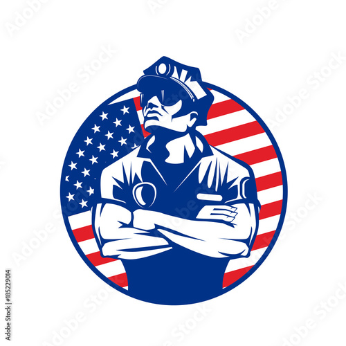 policeman in uniform, wearing a cap and dark glasses on the background of the USA flag in a circle