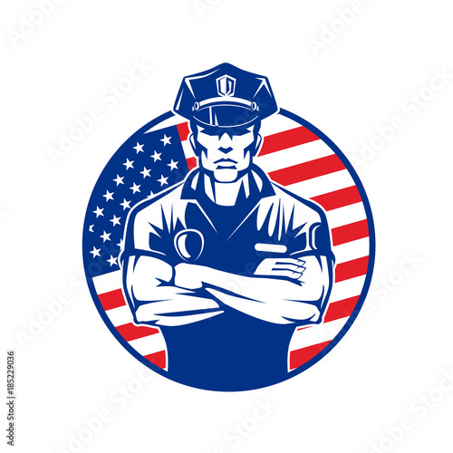 policeman in uniform, wearing a cap on the background of the USA flag in a circle