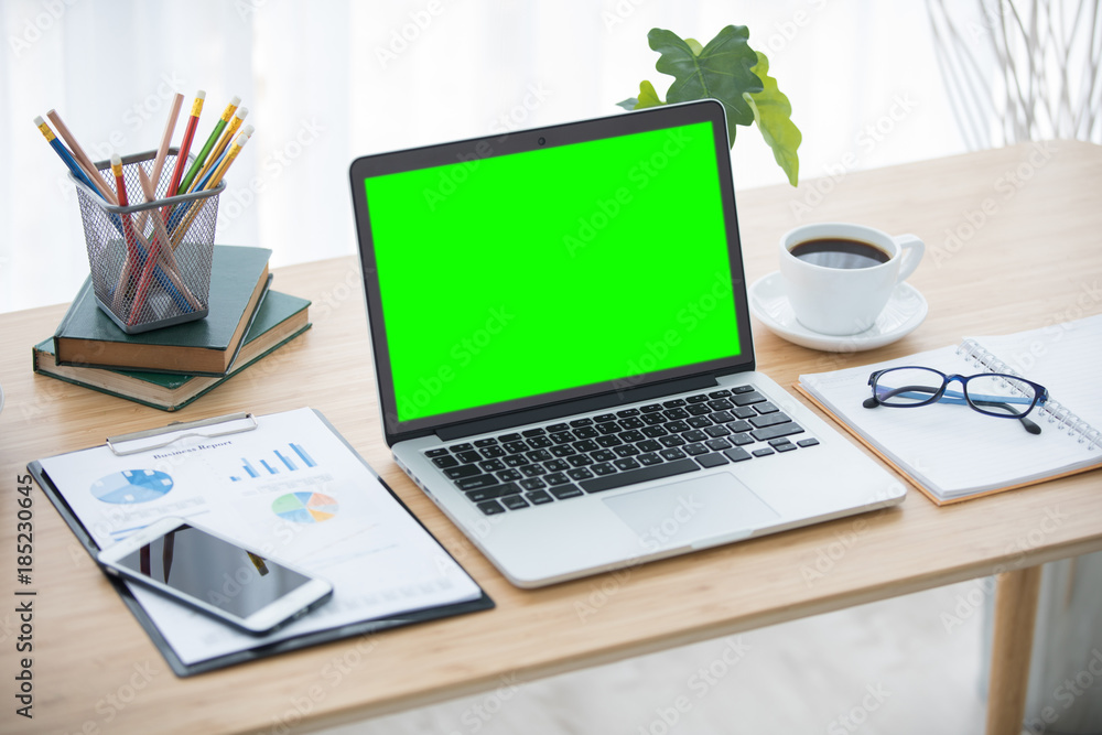 Laptop with smart phone notebook and coffee cup Laptop with smart phone notebook and coffee cup