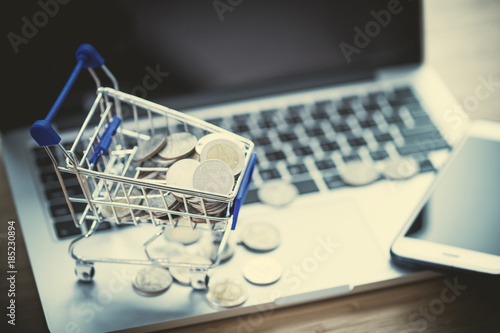 Shopping cart with coin on a laptop keyboard.