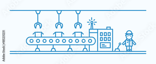 Industrial belt conveyor equipped with hanging manipulators conveying boxes, factory worker in hard hat controlling production process. Monochrome vector illustration drawn with blue contour lines.