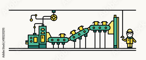 Factory belt conveyor conveying boxes, worker wearing hard hat and protective clothing controlling production process. Automated manufacturing and machinery. Vector illustration in line art style.