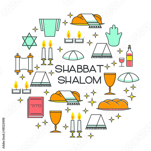 Shabbat shalom greeting card. Star of David, candles, kiddush cup and challah. Vector illustration. Isolated on white.