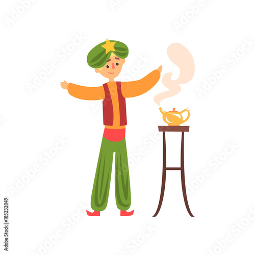 Cartoon man summons genie from magic golden lamp. Magician wearing colorful costume with turban on head. Circus performance. Flat vector illustration