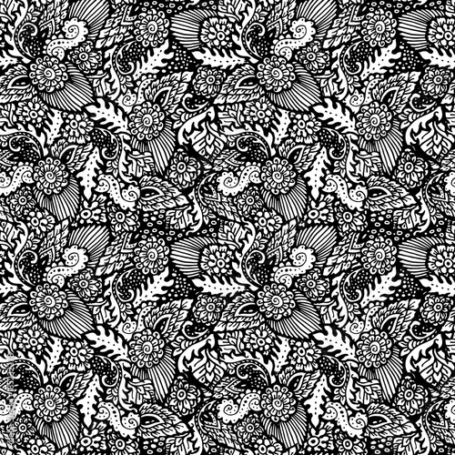 Seamless pattern with floral items. Hand-drawn black and white background.