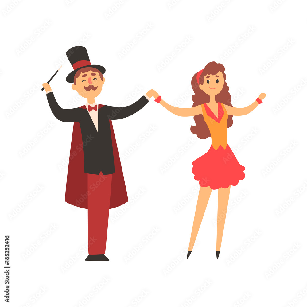 Magician and his assistant girl standing with smiling faces. Moustached man in suit with red cape and top hat. Curly-haired woman in colorful short dress. Circus performance. Flat vector illustration. Magician and his assistant girl standing with smiling faces. Moustached man in suit with red cape and top hat. Curly-haired woman in colorful short dress. Circus performance. Flat vector illustration.
