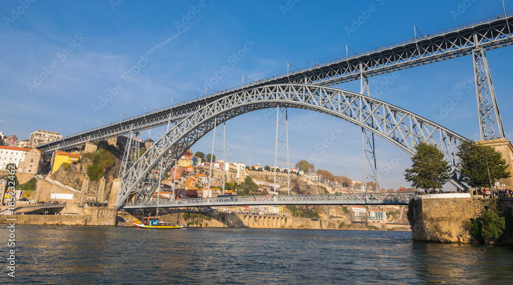 The oldtown skyline at Sunset from Dom Luis Bridge, Douro River, Porto, Portugal, Iberian Peninsula, Europe