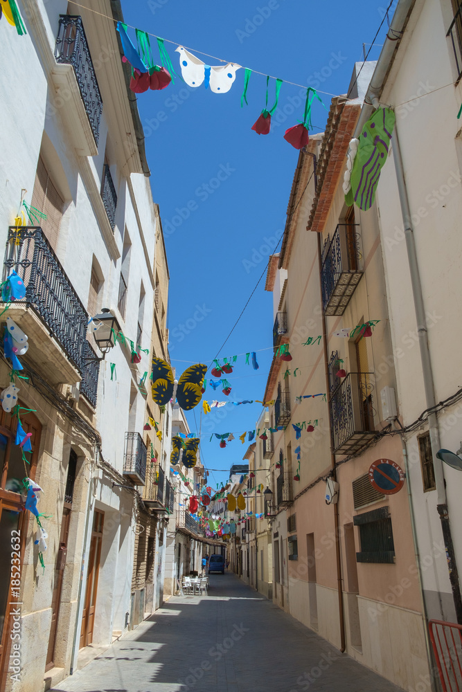 Benissa, Costa Blanca, a typical narrow town centre street, Spain.