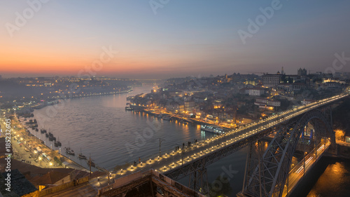 The oldtown skyline at Sunset from Dom Luis Bridge, Douro River, Porto, Portugal, Iberian Peninsula, Europe