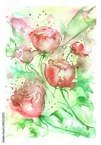 Watercolor greeting card with rose flower, bouquet of flowers, rose, peony, buds, green leaves, splash of paint. Beautiful vintage postcard, card, invitation, background.