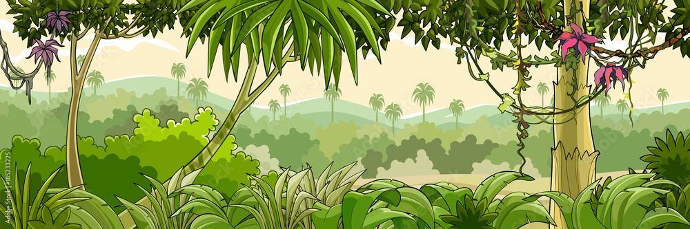 Naklejka premium panorama kreskówka zielony las tropikalny z palmami
