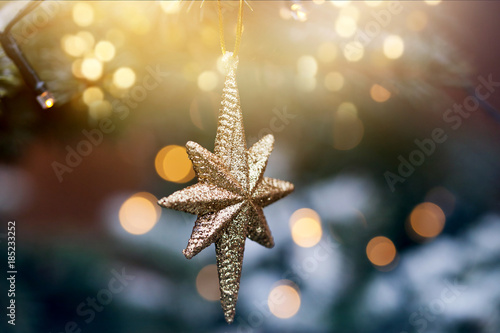 golden christmas ornament on fir tree