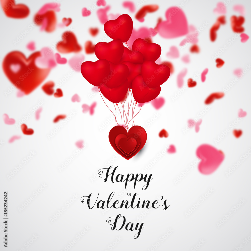 Happy Valentine's Day. Love valentine's background with hearts. Valentines day with red heart shape balloon flying and hearts decorations. Valentine's day abstract background. 