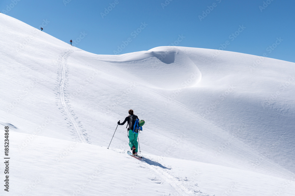Woman walk on skis at slope Woman walk on skis at slope
