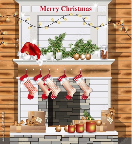 Christmas decorated chimney Vector realistic. Santa socks and presents