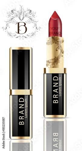 Red lipstick realistic packaging Vector. Mock up Original golden tube with Brand label decors