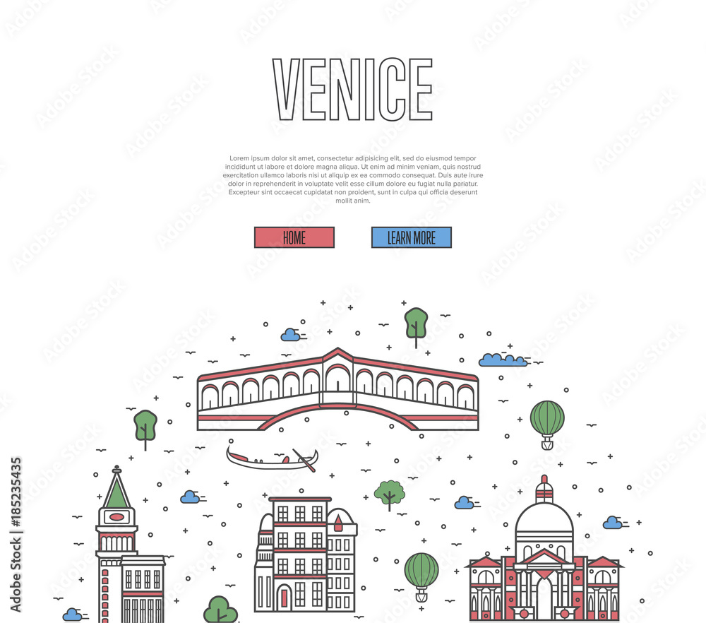 Venice travel poster with national architectural attractions. Historic italian famous landmarks and traditional symbols on white background. Touristic advertising vector layout in trendy linear style.
