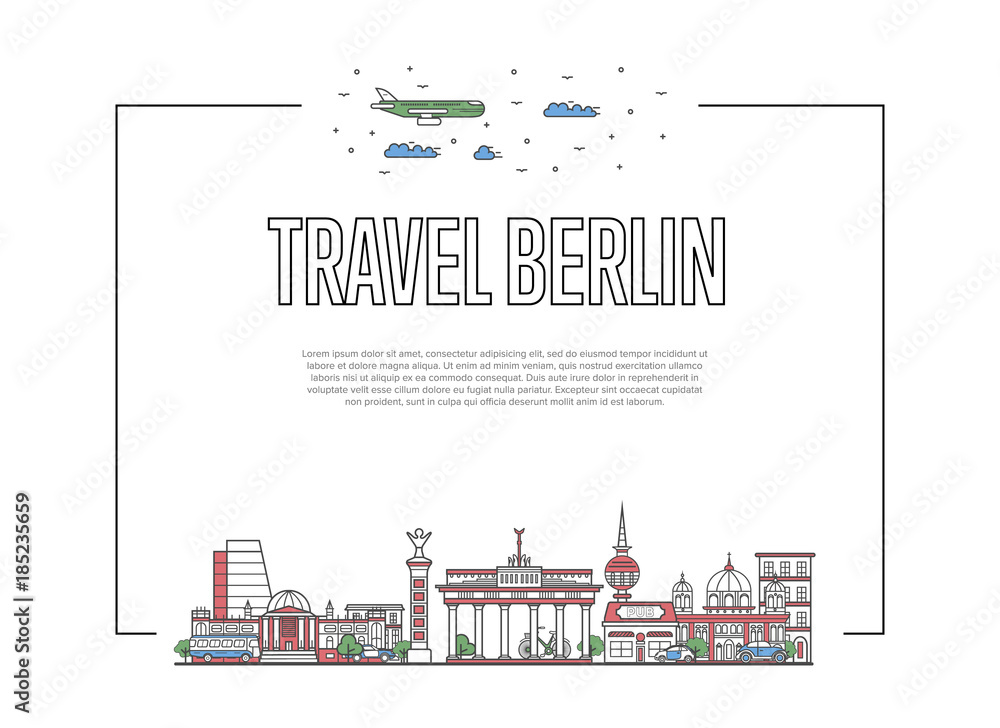 Travel Berlin poster with famous architectural attractions in linear style. German traveling and time to travel concept. Berlin landmarks, city skyline, european tourism and journey vector background