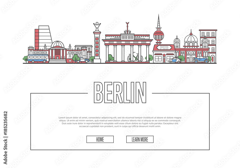 Travel Berlin vector composition with famous architectural landmarks in linear style. Worldwide traveling and time to travel concept. Berlin historic attractions on white background, european tourism