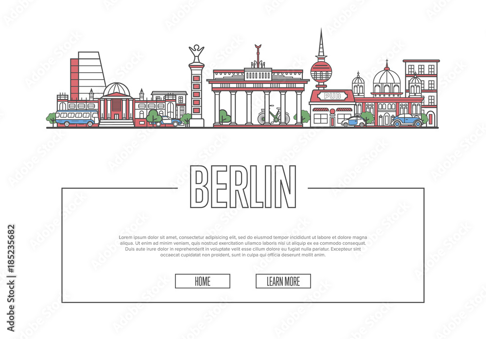 Travel Berlin vector composition with famous architectural landmarks in linear style. Worldwide traveling and time to travel concept. Berlin historic attractions on white background, european tourism Travel Berlin vector composition with famous architectural landmarks in linear style. Worldwide traveling and time to travel concept. Berlin historic attractions on white background, european tourism
