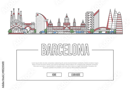 Travel Barcelona vector composition with famous architectural landmarks in linear style. Spanish traveling, time to travel concept. Barcelona historic attractions on white background, european tourism