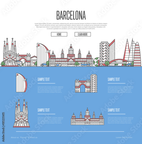 Barcelona city travel vacation guide with most important architectural attractions in linear style. Barcelona skyline with famous landmarks. Spanish traveling and european journey vector concept