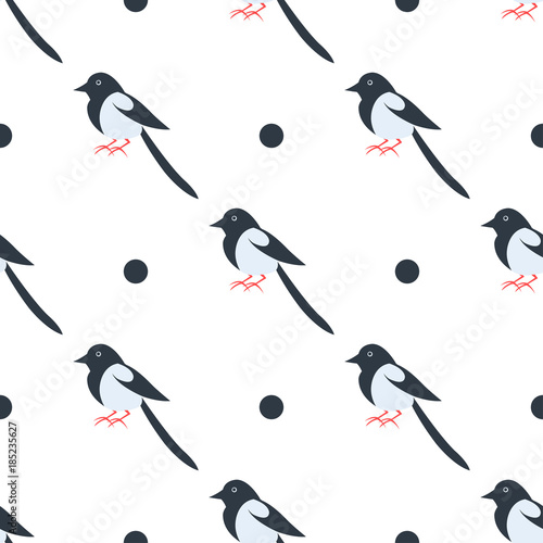 Cartoon Magpie Seamless Pattern on White Vector