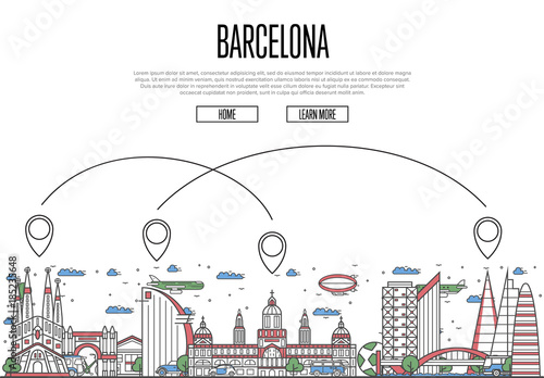 Air travel to Barcelona poster with historic architectural attractions and air route symbols in linear style. Barcelona landmarks on white background. European airway tourism vector illustration.