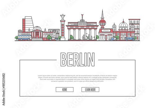 Travel Berlin vector composition with famous architectural landmarks in linear style. Worldwide traveling and time to travel concept. Berlin historic attractions on white background  european tourism