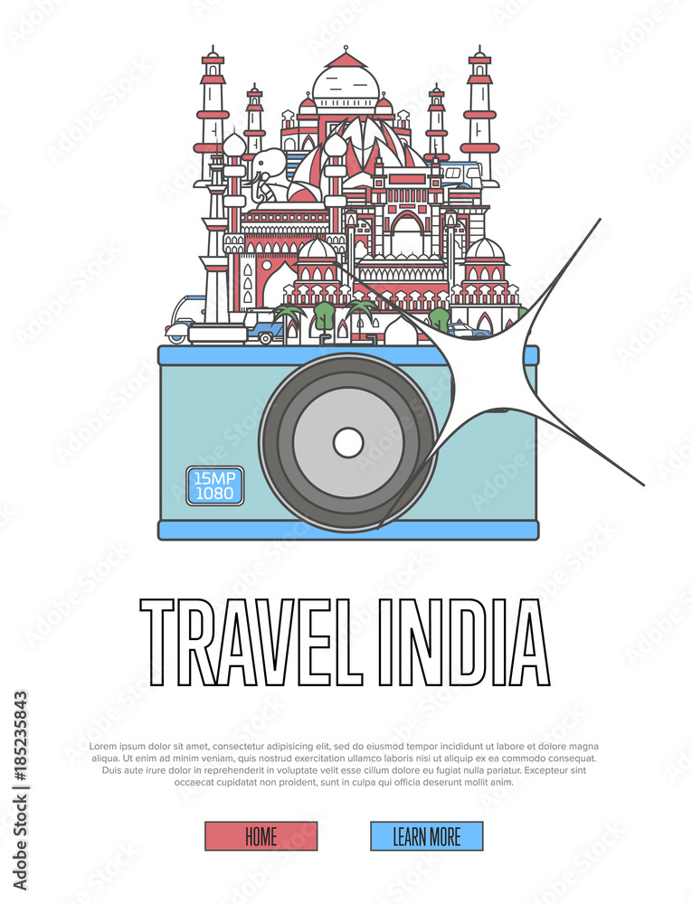 Obraz premium Travel India poster with famous architectural attractions on big camera. Worldwide traveling and time to travel vector concept in linear style. Indian national landmarks, world tourism and journey