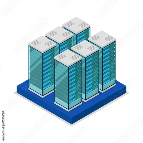 Data centre with server racks isometric 3D icon. Internet network equipment, cloud database sign, computer technology vector illustration.