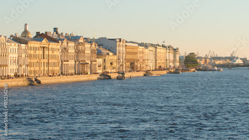 Historical buildings on the Palace Embankment and the Neva river - St Petersburg, Russia