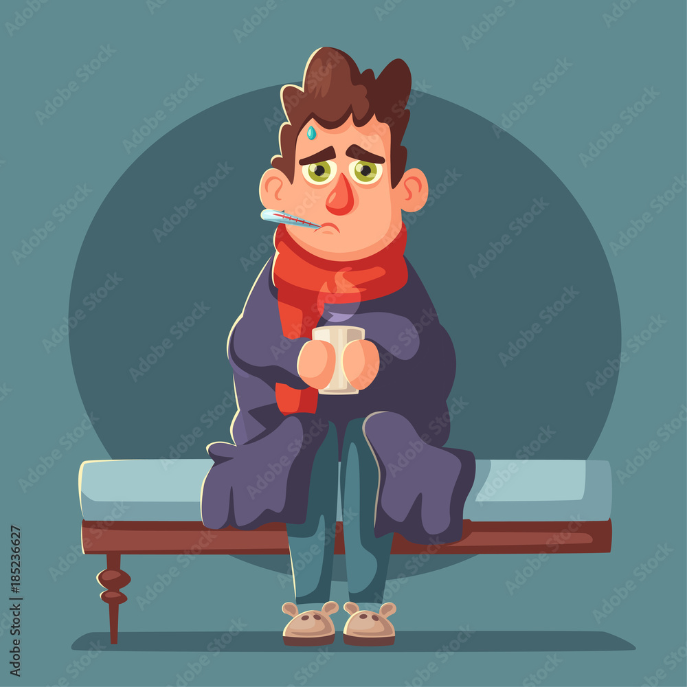 Sick man. Unhappy character. Vector cartoon illustration