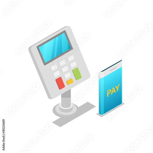 Wireless pos terminal isometric 3D icon. Supermarket electronic payment, retail and distribution isolated vector illustration.