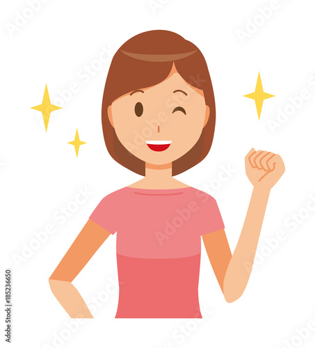 Mom wearing short sleeve clothes is raising fist