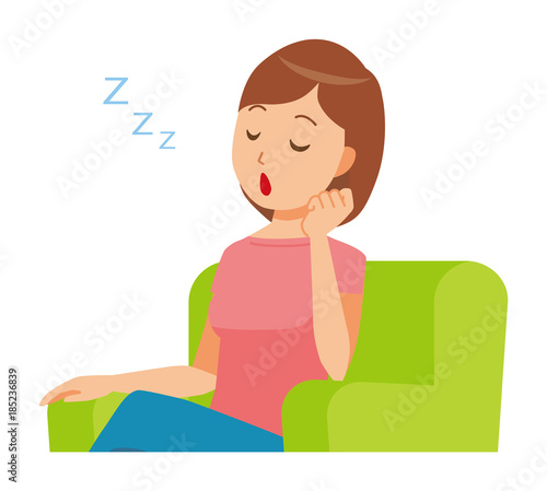 Mommy wearing short sleeve clothes is dozing sitting on the sofa