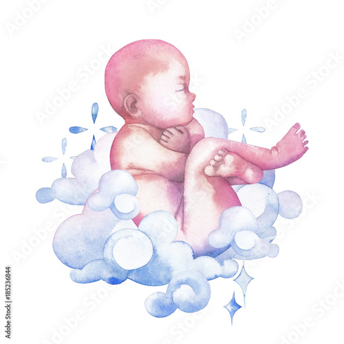 Watercolor child surrounded by clouds and sparkles photo