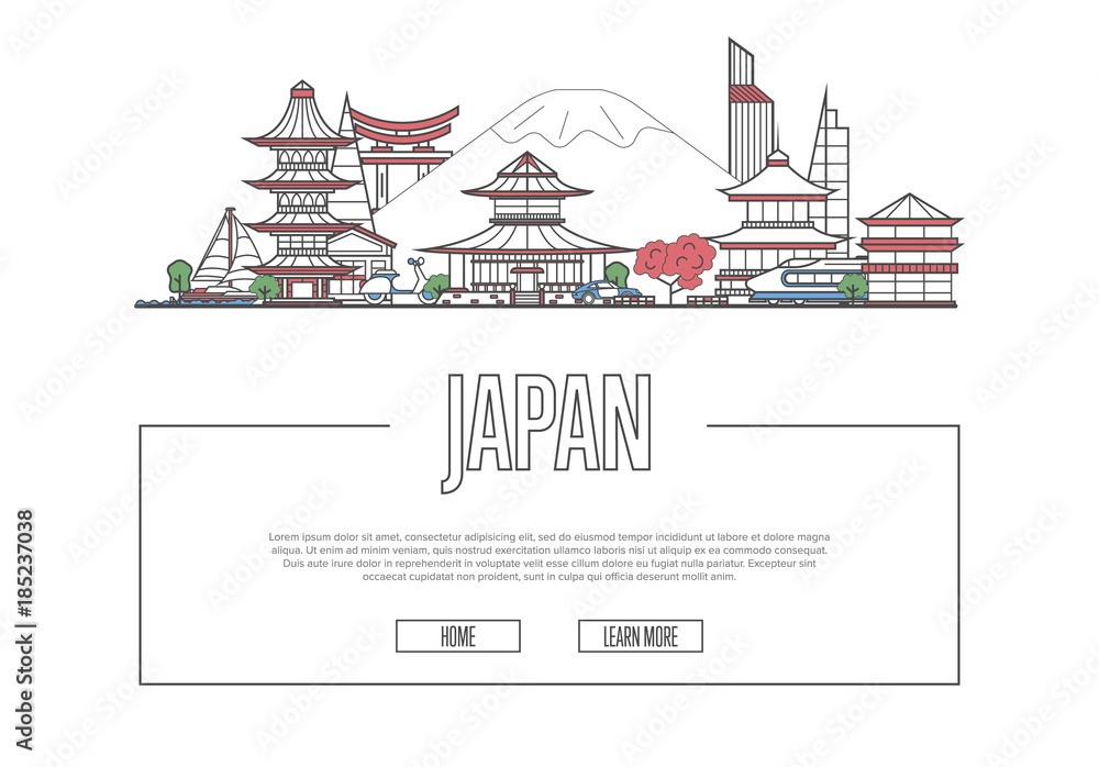 Travel Japan vector composition with famous architectural landmarks in linear style. Worldwide traveling and time to travel concept. Japanese national attractions on white background, global tourism.