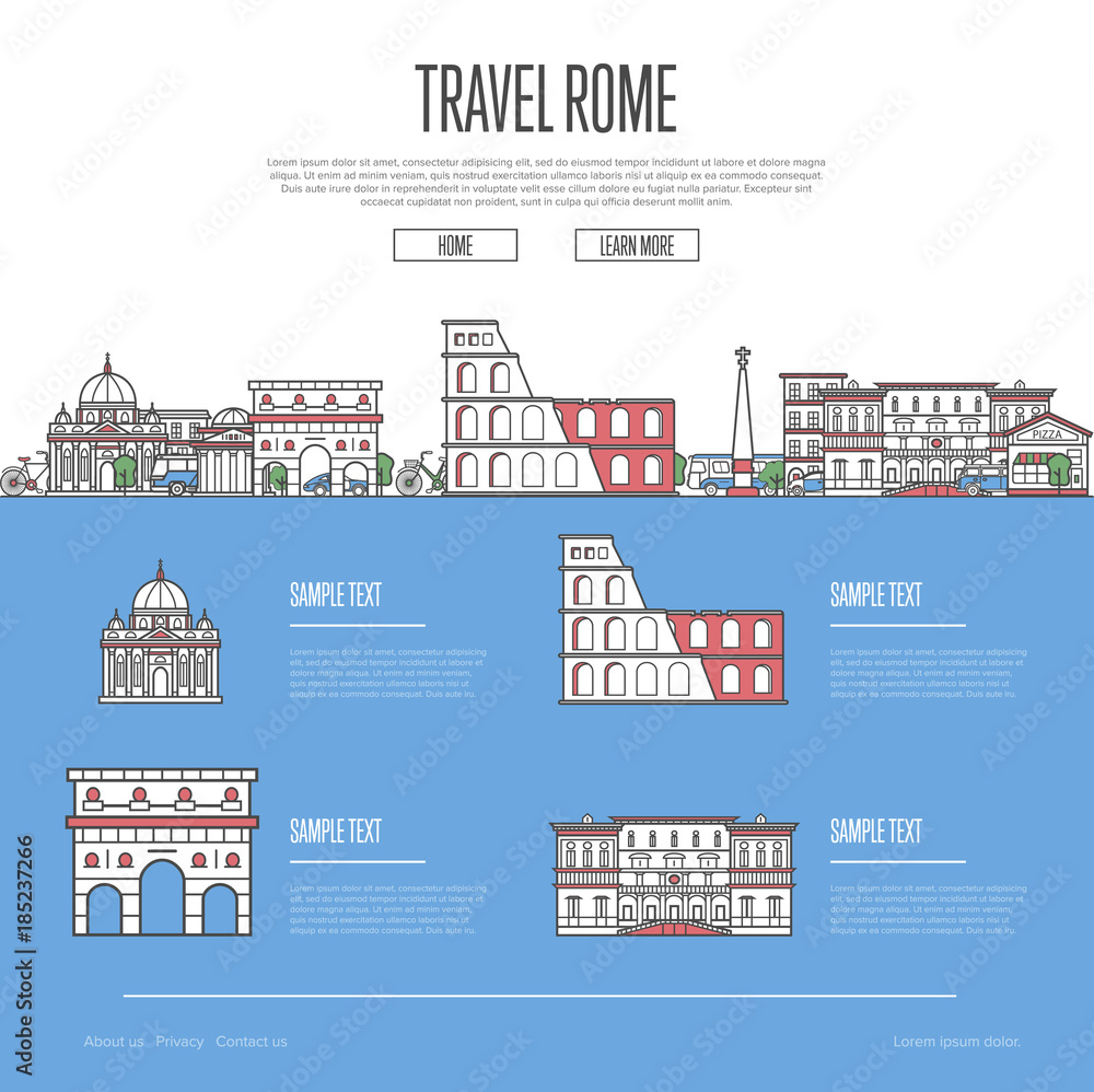 Rome city travel vacation guide with most important architectural attractions in trendy linear style. Roman skyline with national famous landmarks. Worldwide traveling and journey vector concept