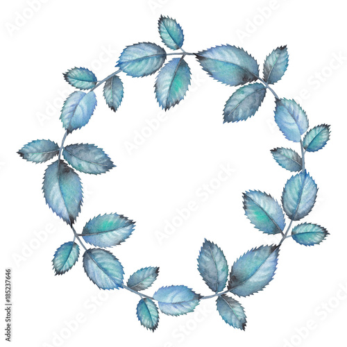 Watercolor wreath made of rose leaves