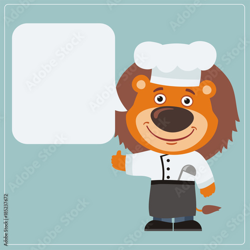 Fototapeta Naklejka Na Ścianę i Meble -  Chef lion with speech bubble in cartoon style. Smiling lion cook says and shows like.
