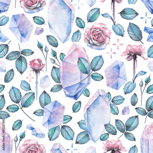 Watercolor pattern with crystals, rose leaves and flowers