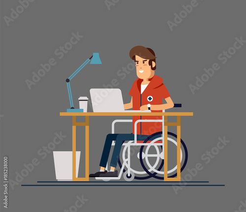 Disabled young man in wheelchair working with computer. Productive online job. Disability, social policy concept